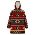 
Front view of Southwest Sunset Tribal Snug Hoodies featuring geometric diamond and stripe patterns in red, black, and beige.