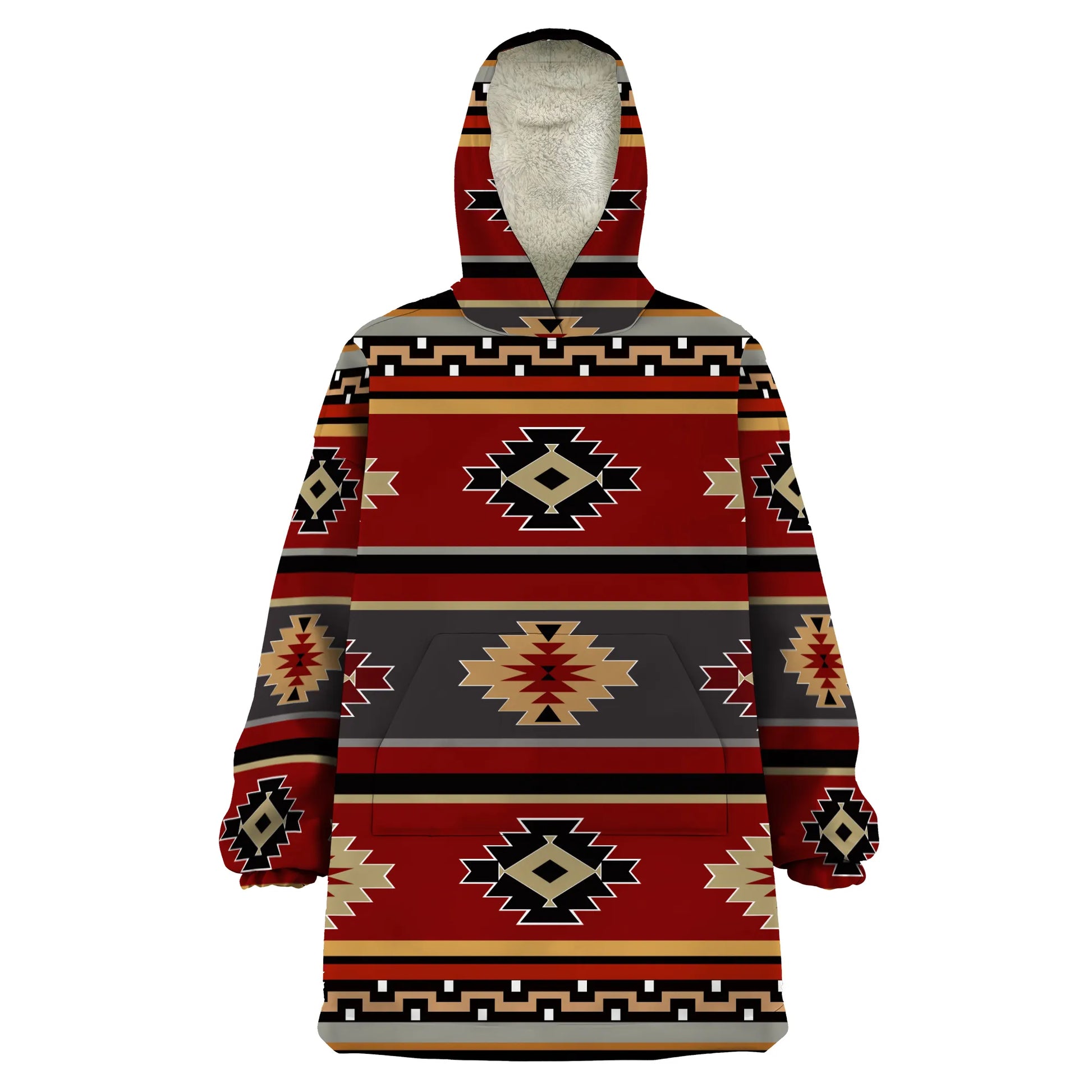 
Front view of Southwest Sunset Tribal Snug Hoodies featuring geometric diamond and stripe patterns in red, black, and beige.