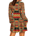 Back view of long sleeve mini dress with geometric tribal print and subtle cinched waist