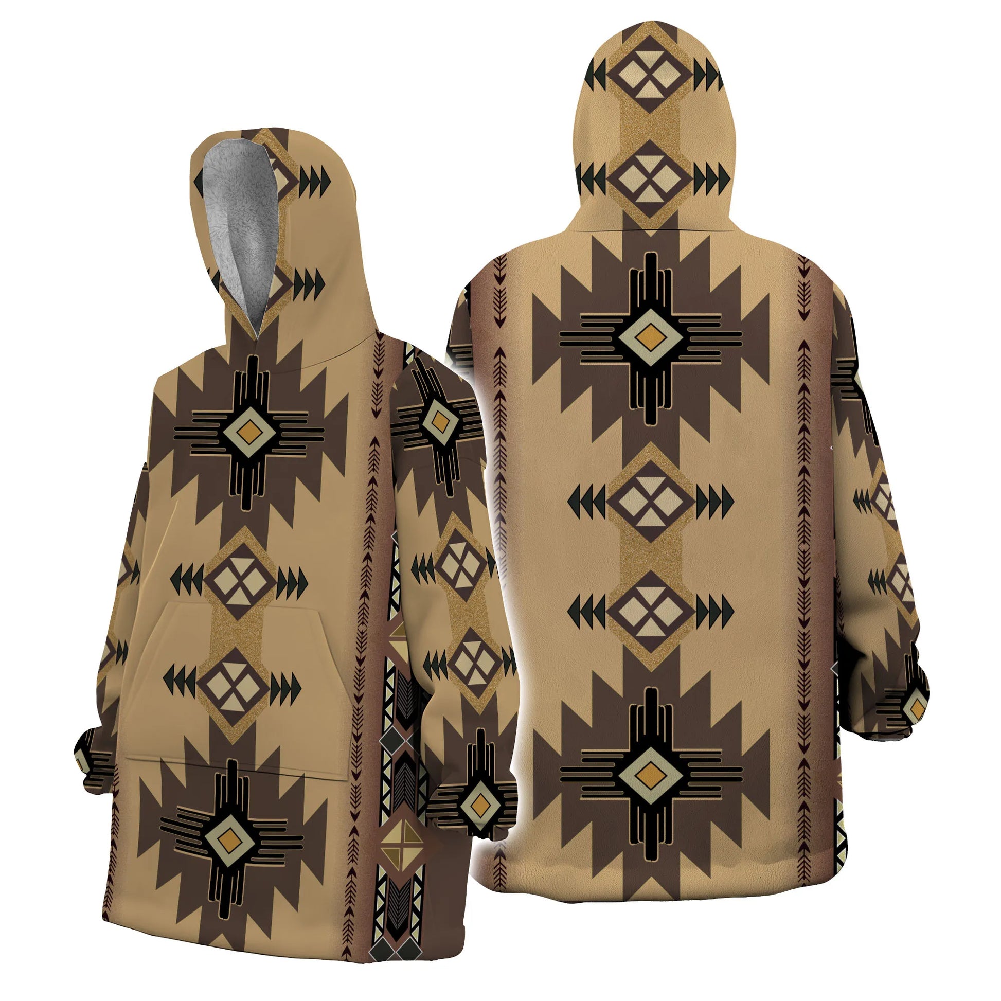 Front and back views of a snuggie-style fleece hoodie featuring a beige and brown southwestern tribal pattern with geometric diamond motifs and arrow designs.