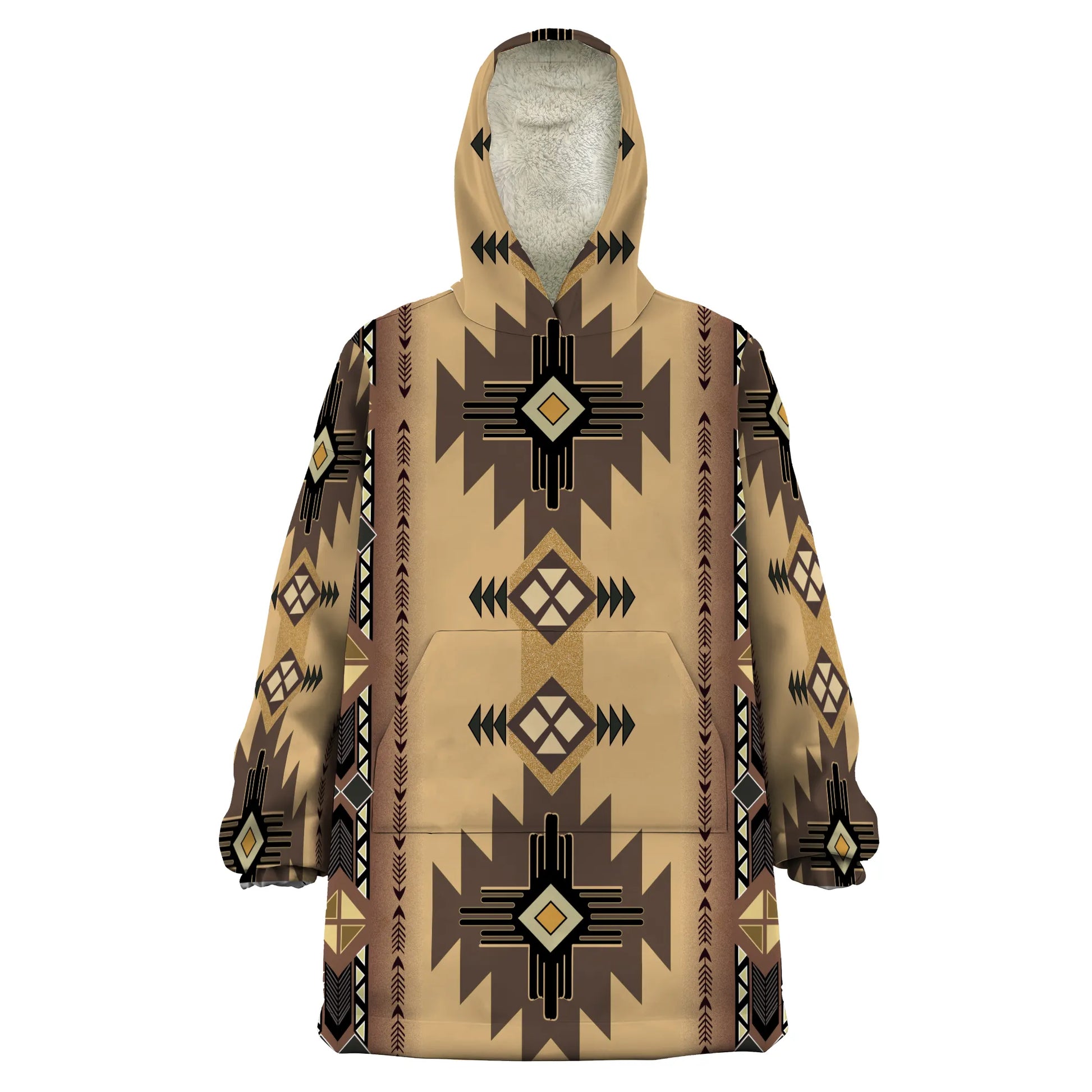 Full front view of the snuggie-style fleece hoodie displaying the complete beige-and-brown southwestern tribal pattern with central geometric diamond and cross symbols, a kangaroo pocket, and a roomy hood.