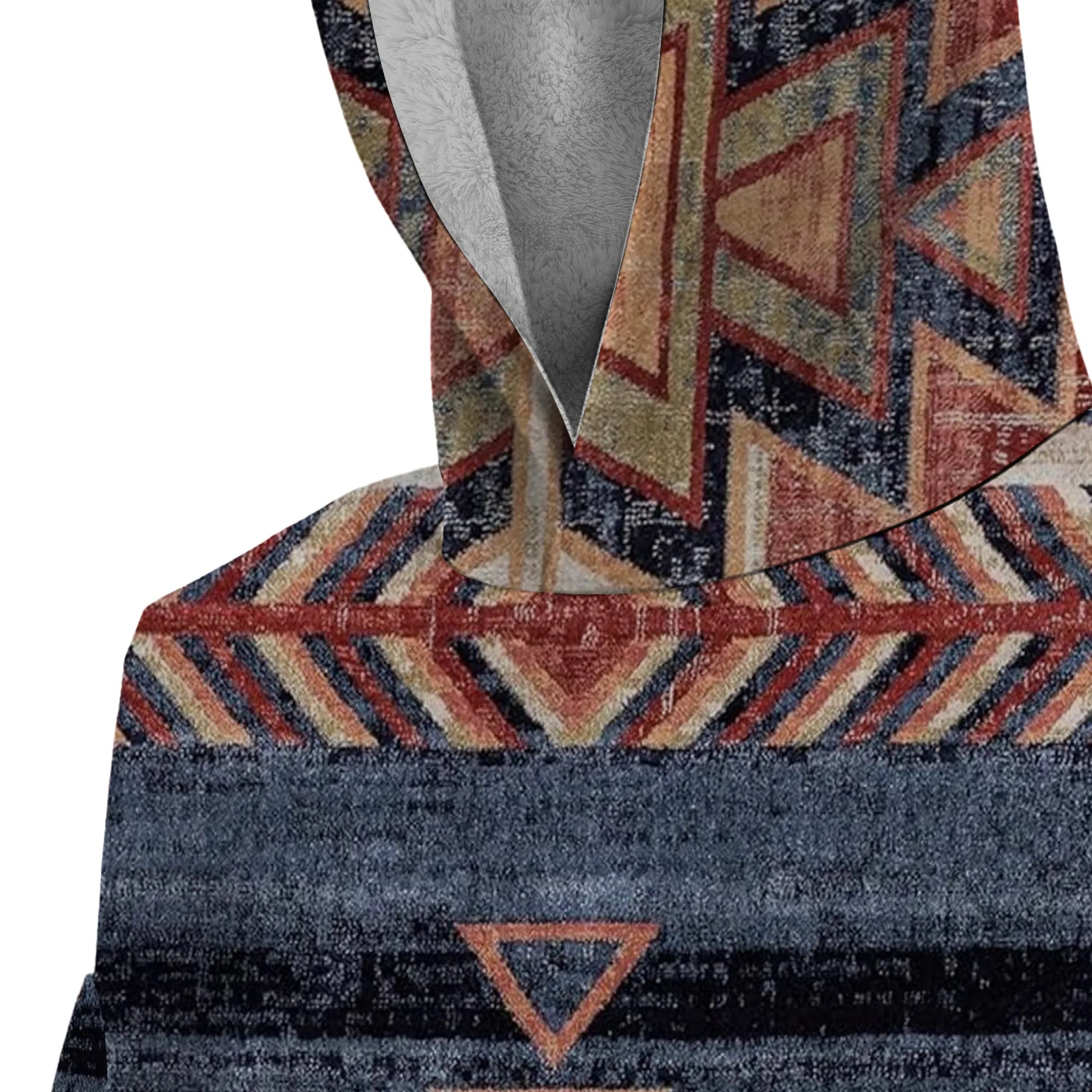 Close-up detail of Southwestern Spirit Hoodie’s woven-texture print and distressed color variations in geometric design.
