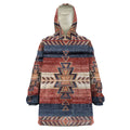 Front view of Southwestern Spirit Hoodie displaying bold southwest geometric pattern in rust, blue, and tan against plush fleece lining.