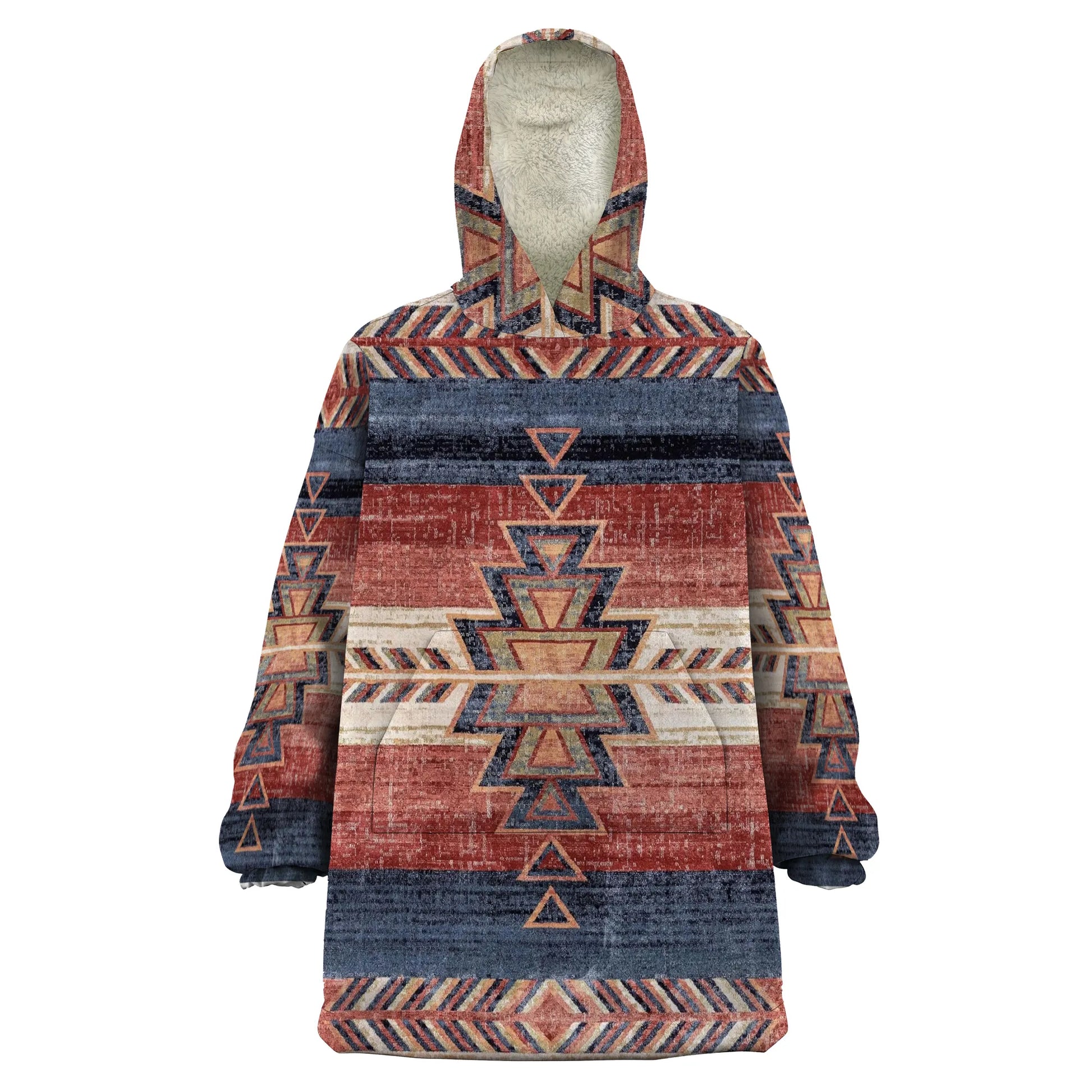 Front view of Southwestern Spirit Hoodie displaying bold southwest geometric pattern in rust, blue, and tan against plush fleece lining.