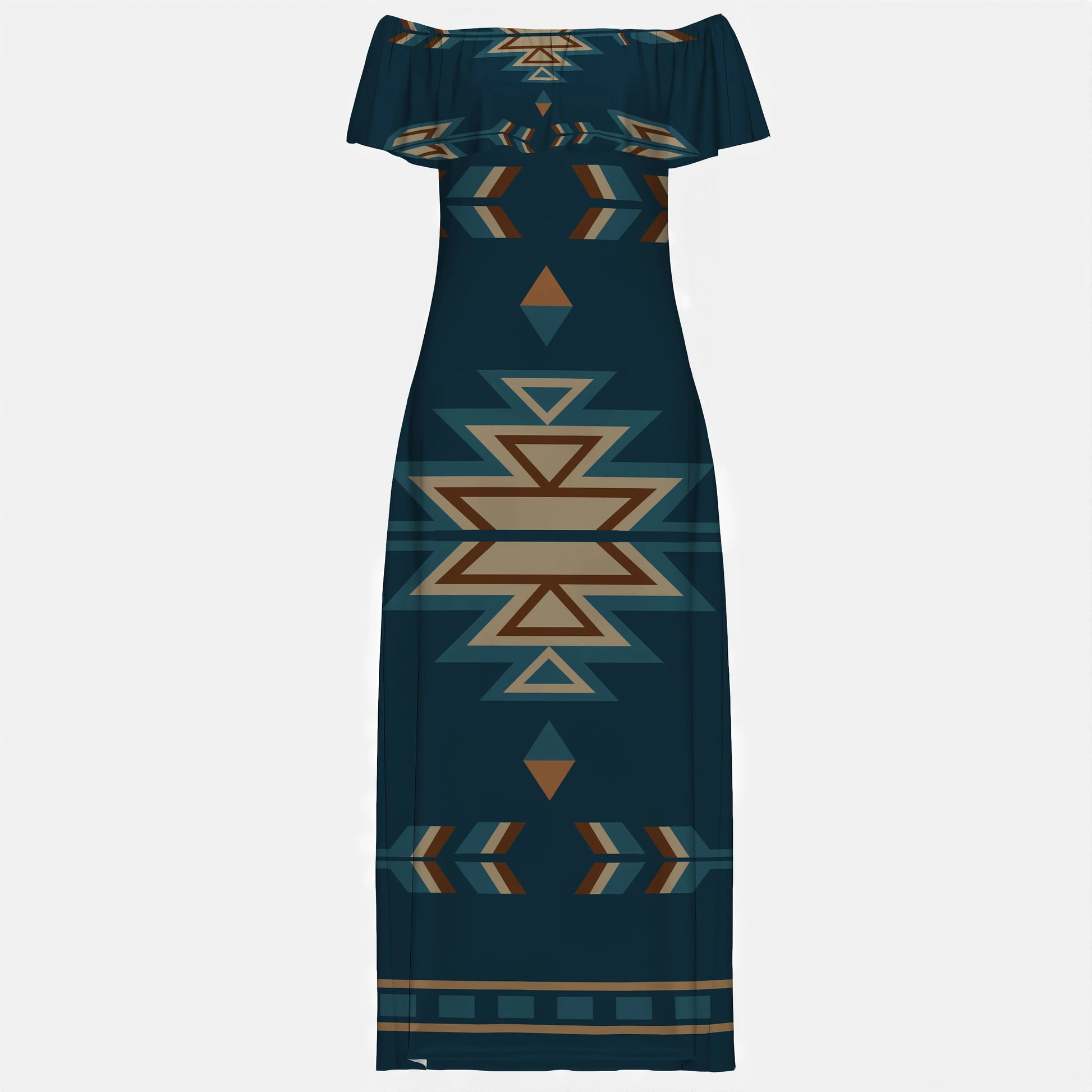Side view of Southwestern tribal design dress showcasing Navajo geometric pattern
