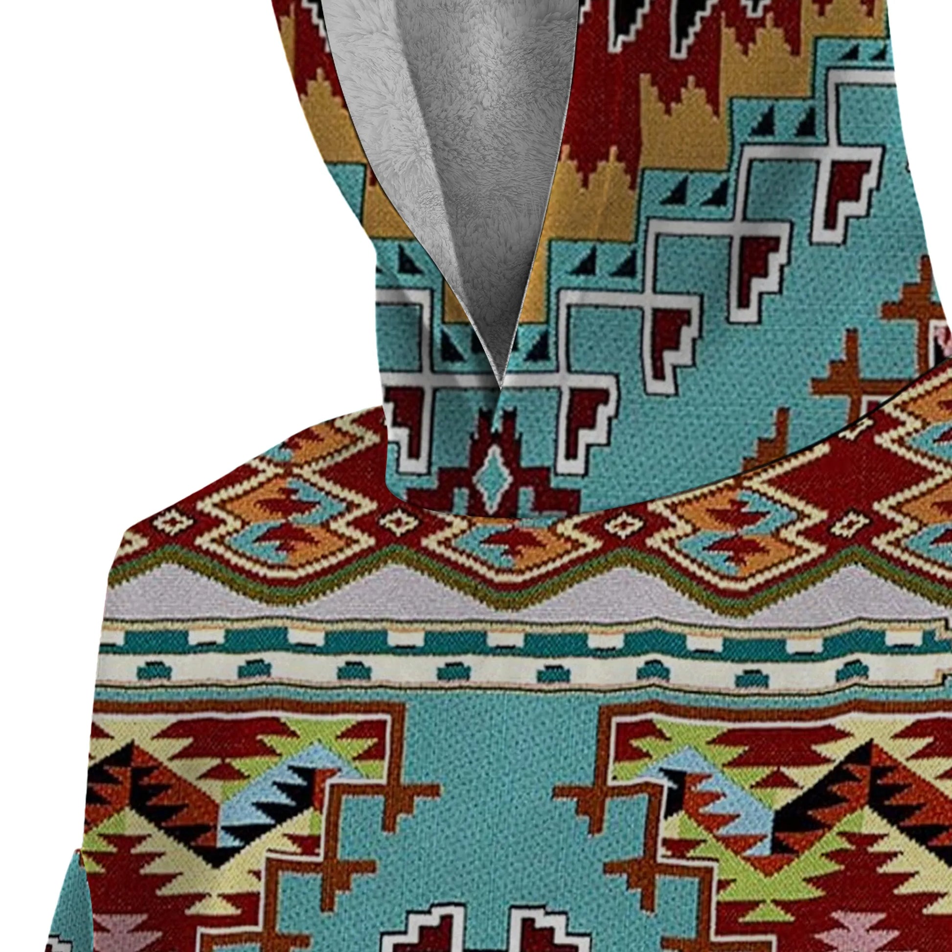 Close-up detail of turquoise and red Southwestern tribal pattern on snug hoodie showing fabric texture and stitching