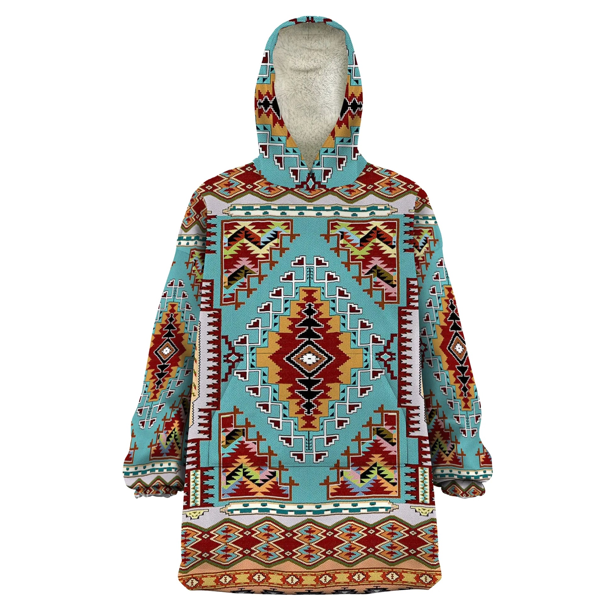 Front view of snug hoodie featuring turquoise and red Southwestern tribal geometric pattern with hood