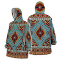 Front and back views of a snug hoodie with Southwestern tribal geometric patterns in turquoise, red, and mustard tones.