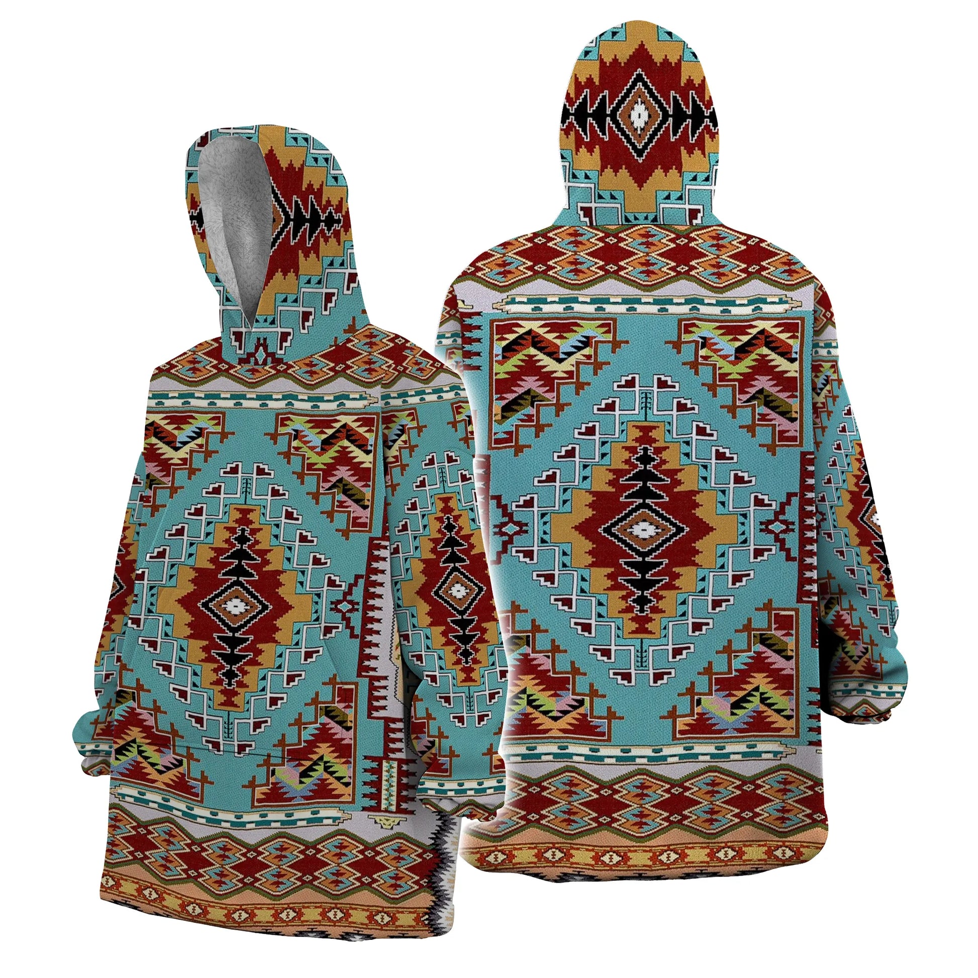 Front and back views of a snug hoodie with Southwestern tribal geometric patterns in turquoise, red, and mustard tones.