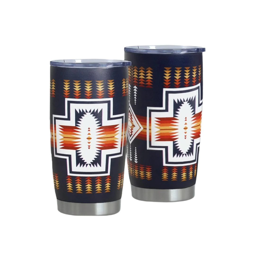 Front and back views of a 20 oz navy insulated tumbler showcasing an orange-red and white Aztec cross design on a plain white background.