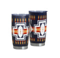 Front and back views of a 20 oz navy insulated tumbler showcasing an orange-red and white Aztec cross design on a plain white background.