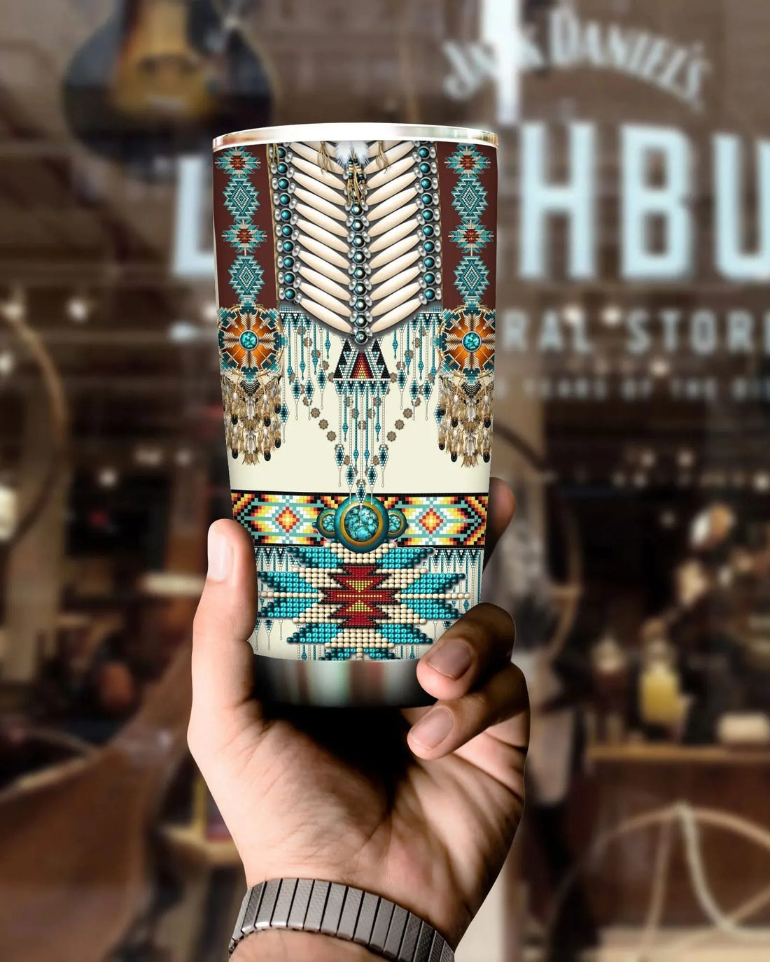 20 oz Southwestern style tumblers with bone breastplate and turquoise beadwork design 