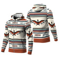 Front three-quarter view of a fleece jacket with a hood up featuring horizontal stripes in cream, teal, rust, and black, and a stylized winged bird motif centered on the chest.