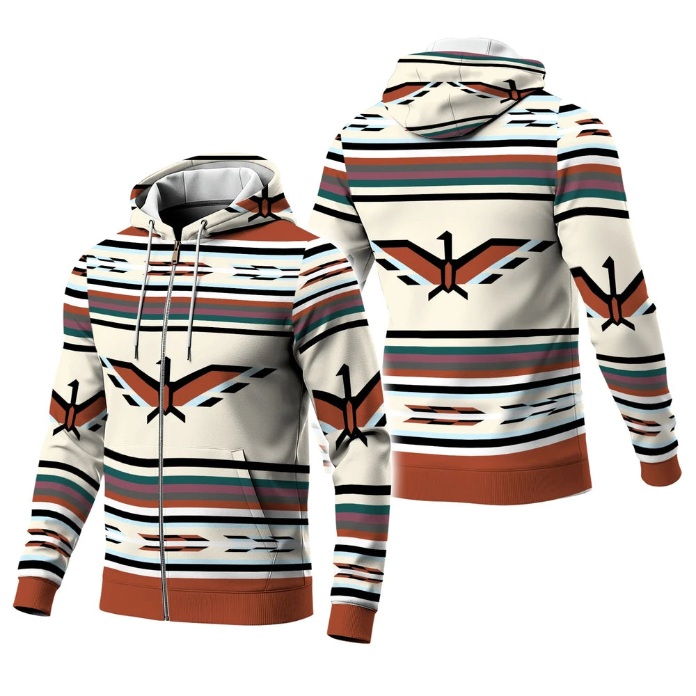 Front three-quarter view of a fleece jacket with a hood up featuring horizontal stripes in cream, teal, rust, and black, and a stylized winged bird motif centered on the chest.