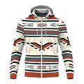 Head-on view of the fleece jacket with hood up, highlighting the full-width winged bird design and matching striped sleeves and hem.