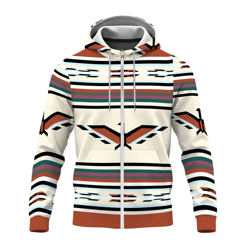 Head-on view of the fleece jacket with hood up, highlighting the full-width winged bird design and matching striped sleeves and hem.