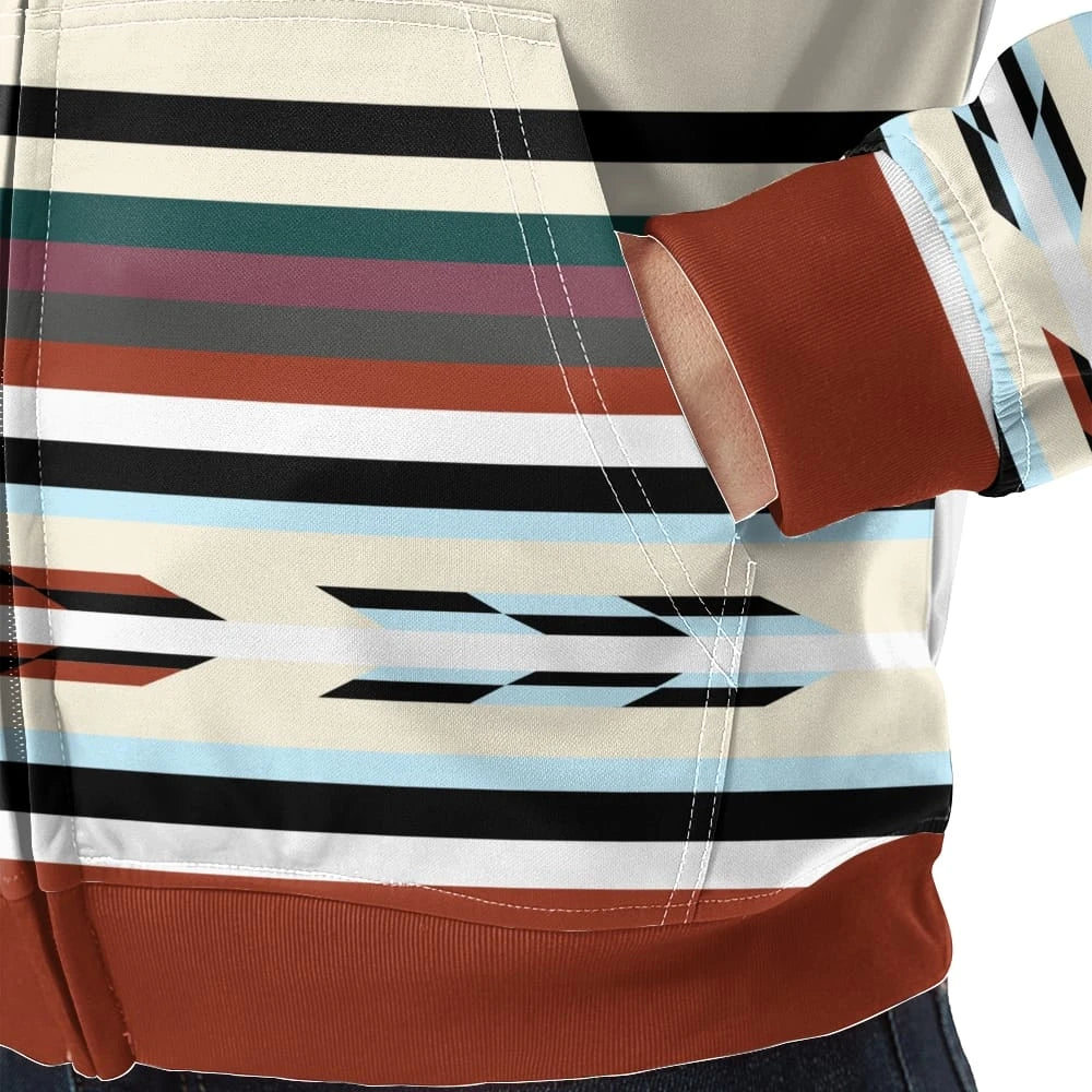 Close-up of the fleece jacket’s side pocket area, showcasing the precise stitching and horizontal stripe pattern seamlessly integrated above the ribbed hem.