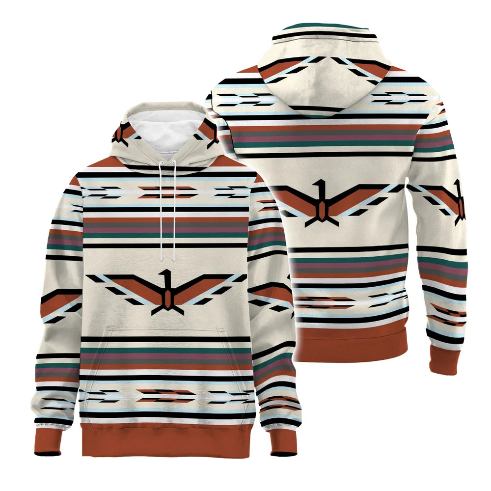 Front and back view of a hoodie featuring horizontal stripes in cream, rust, teal, and black, with a bold stylized winged bird motif across the chest and back, and matching striped sleeves and ribbed hem.