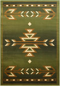 Close-up view of the front edge of the green tribal rug, highlighting the woven texture and ochre-and-cream triangular arrowhead pattern on an olive-green background.