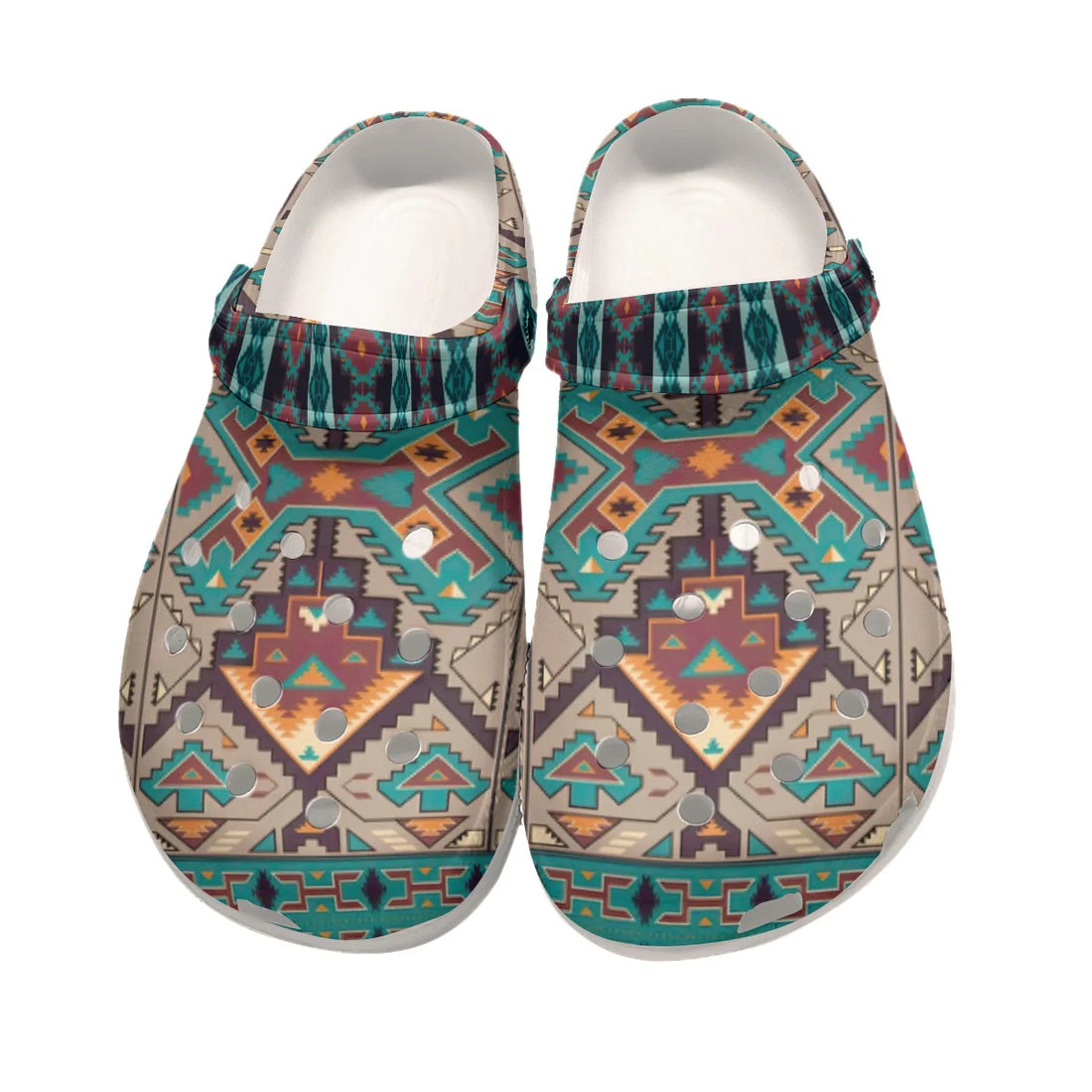 Pair of unisex clog mules with teal, rust and beige Southwestern Aztec geometric print on a plain white background, straps positioned forward.
