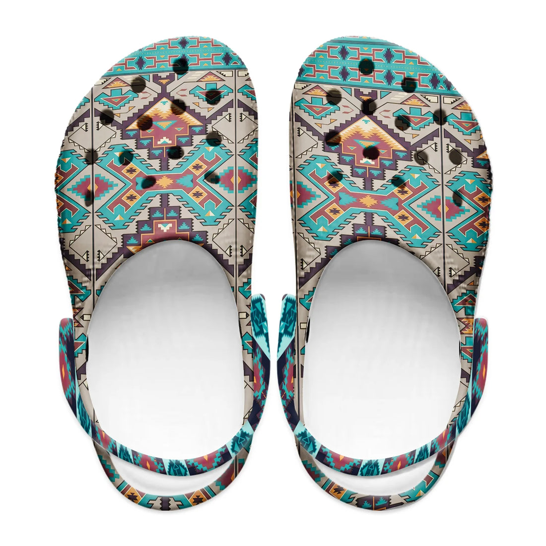 Pair of unisex clog mules with teal, rust and beige Southwestern Aztec geometric print on a plain white background, straps positioned forward.