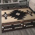 Angled view of a brown and beige Southwestern tribal area rug showing its bold central diamond motif and border patterns.