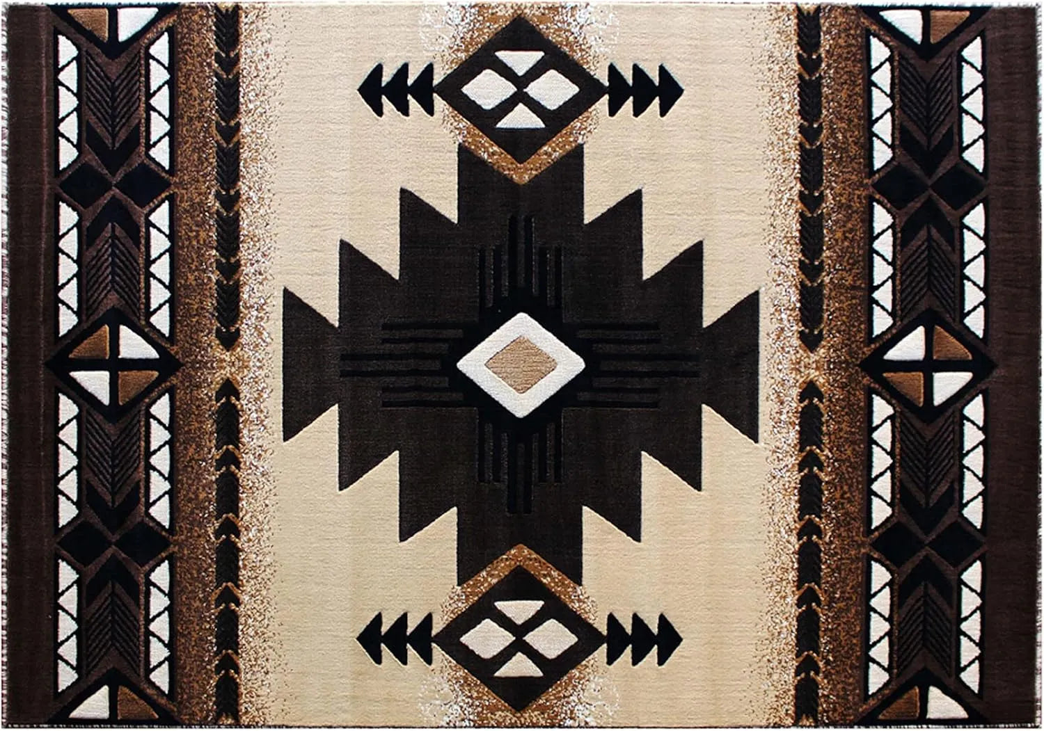 Close-up angled shot of a black-and-beige Southwest tribal rug, highlighting its central diamond motif and surrounding triangular border design.