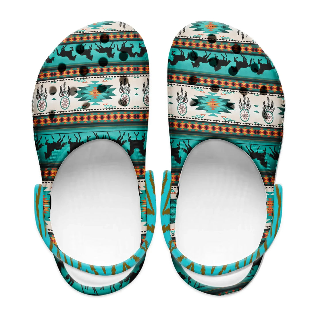 Pair of clog mules with turquoise, rust and cream Southwestern dreamcatcher and horse print held outdoors by a person’s hands.