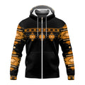 Back of hoodie with “Never Forgotten” quote, Native American figure, and walking silhouette