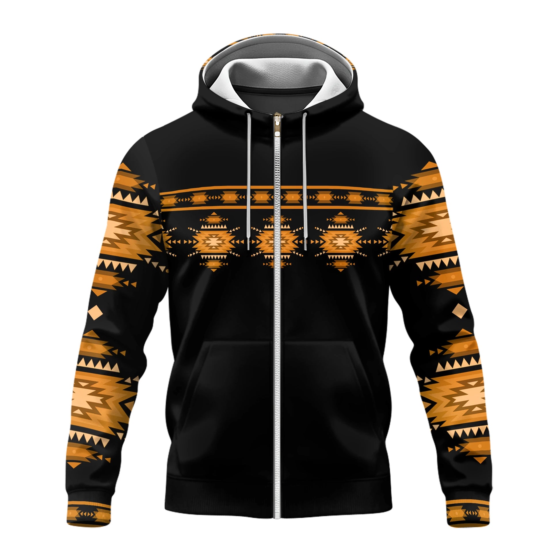 Back of hoodie with “Never Forgotten” quote, Native American figure, and walking silhouette
