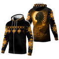 Front view of Trail of Tears hoodie with golden tribal pattern and zip-up design
