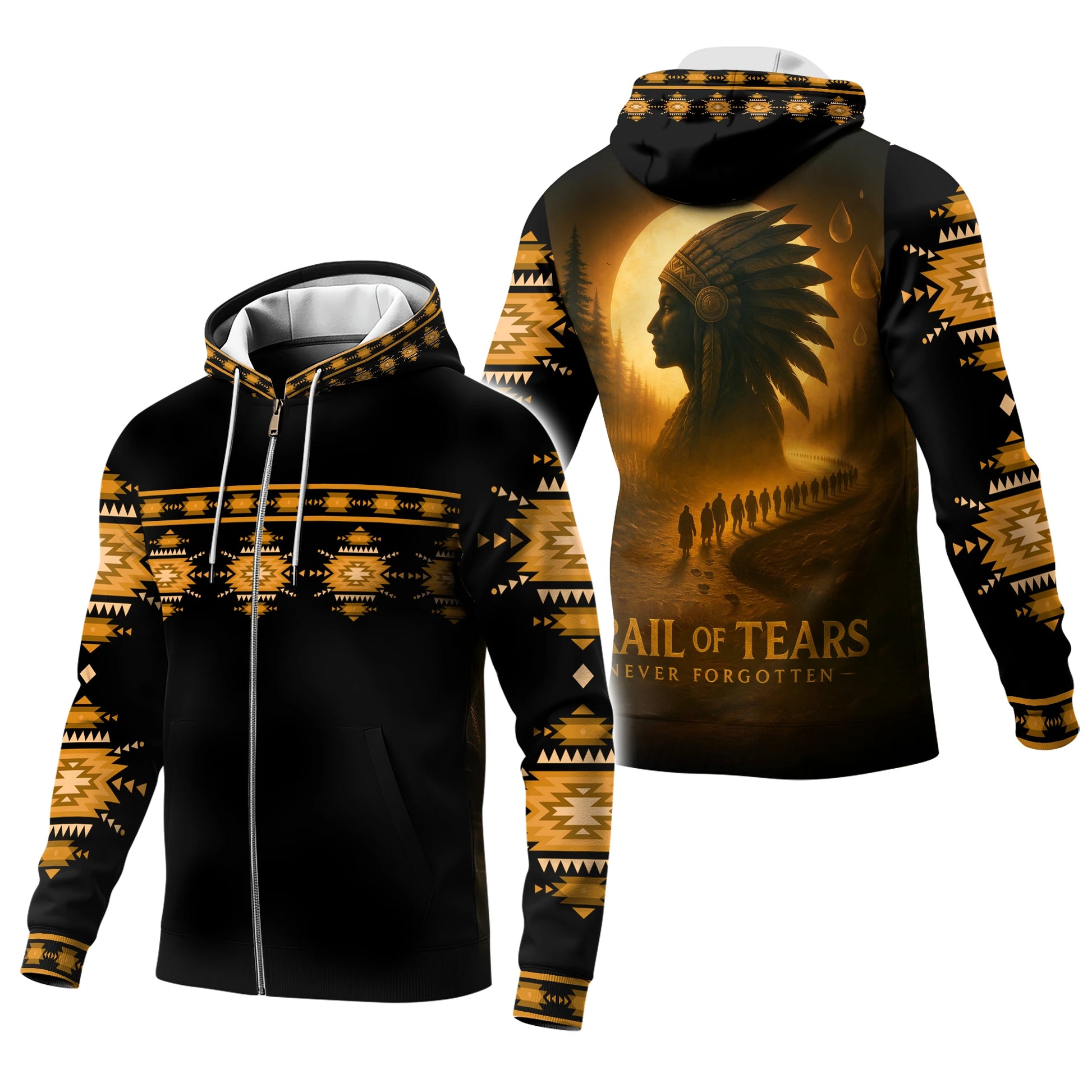 Front view of Trail of Tears hoodie with golden tribal pattern and zip-up design