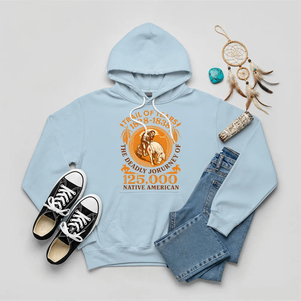 A light blue hoodie with the "Trail of Tears" graphic, presented with jeans and casual shoes.