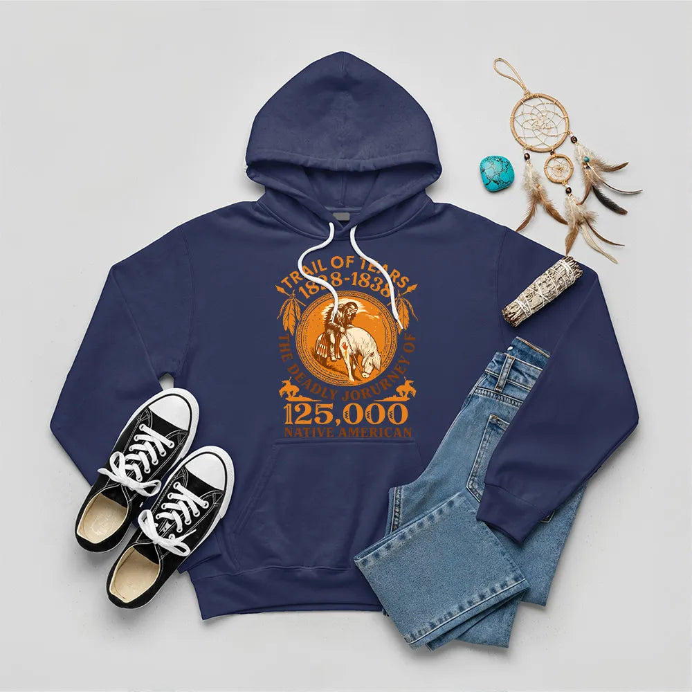 A navy blue hoodie with the "Trail of Tears" commemorative design, styled with jeans and black sneakers.