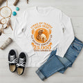 A white long-sleeve t-shirt displaying the 