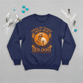 A navy blue sweatshirt displaying the 