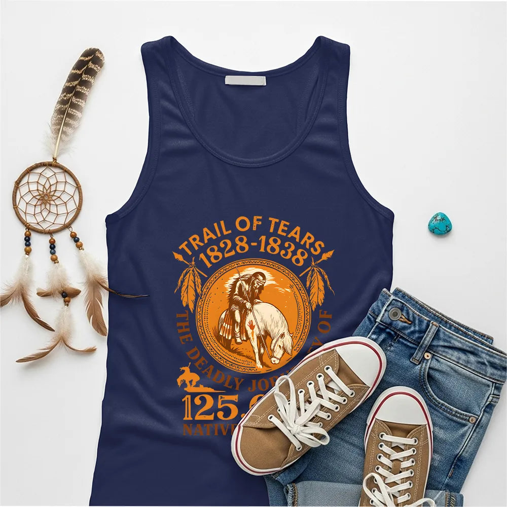 A navy blue tank top displaying the "Trail of Tears" historical graphic, shown in a relaxed setting.