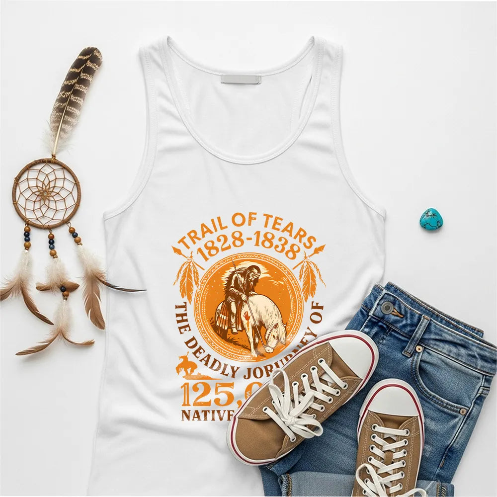 A navy blue tank top displaying the "Trail of Tears" historical graphic, shown in a relaxed setting.