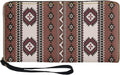 Front view of a brown wristlet wallet adorned with a vertical geometric stripe pattern in cream, maroon, and black, featuring a gold zipper and attached black wrist strap on the left.