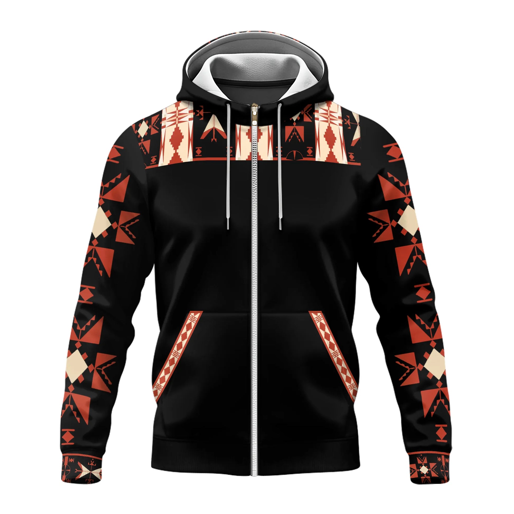 Front view of full-zip fleece jacket with tribal shoulder and sleeve designs