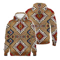 Back and  front view of Tribal Spirit Hoodie featuring an all-over Southwestern geometric design in tan, red, blue, and white.