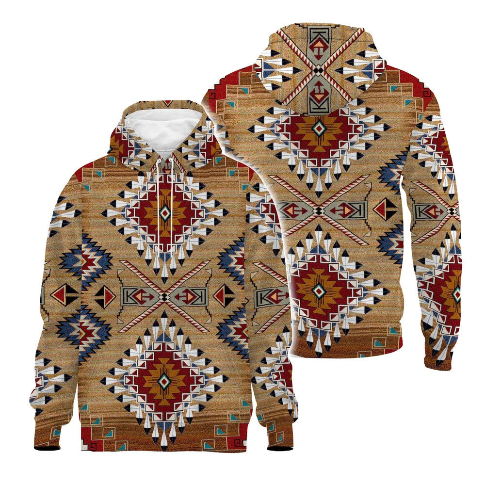 Back and  front view of Tribal Spirit Hoodie featuring an all-over Southwestern geometric design in tan, red, blue, and white.