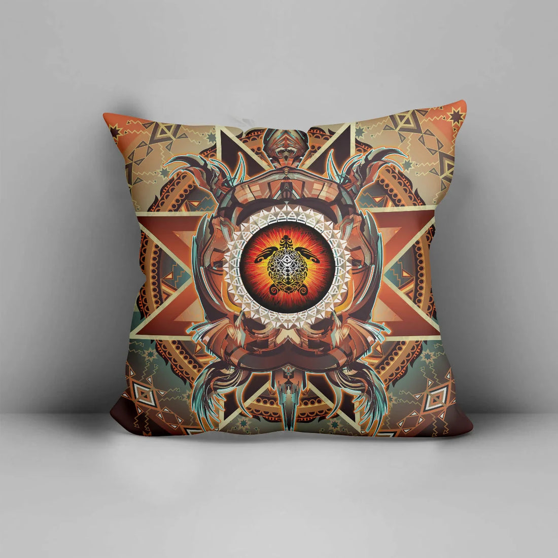 Native American tribal turtle decorative throw pillow front view with warm earth tone patterns