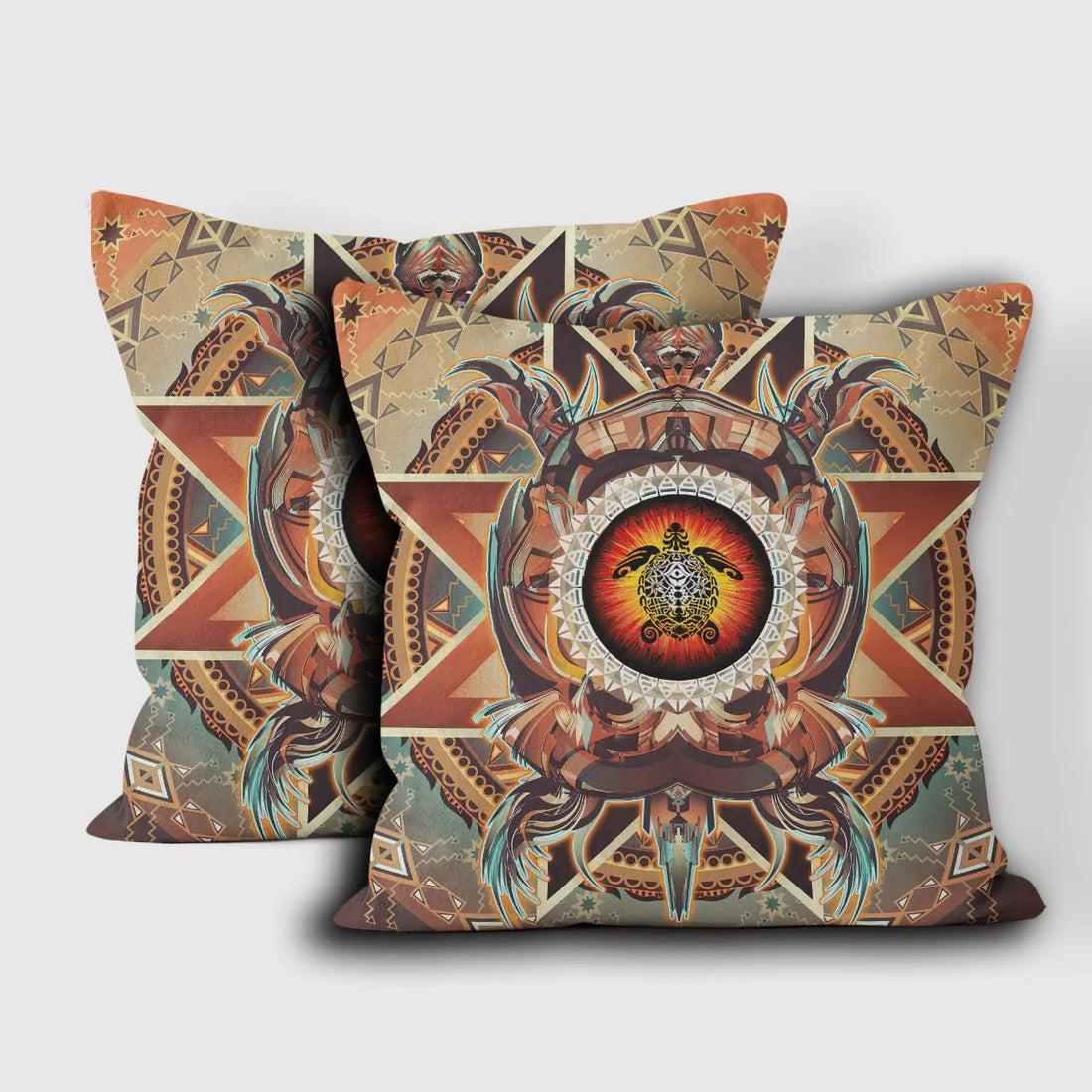 Native American tribal turtle decorative throw pillow front view with warm earth tone patterns