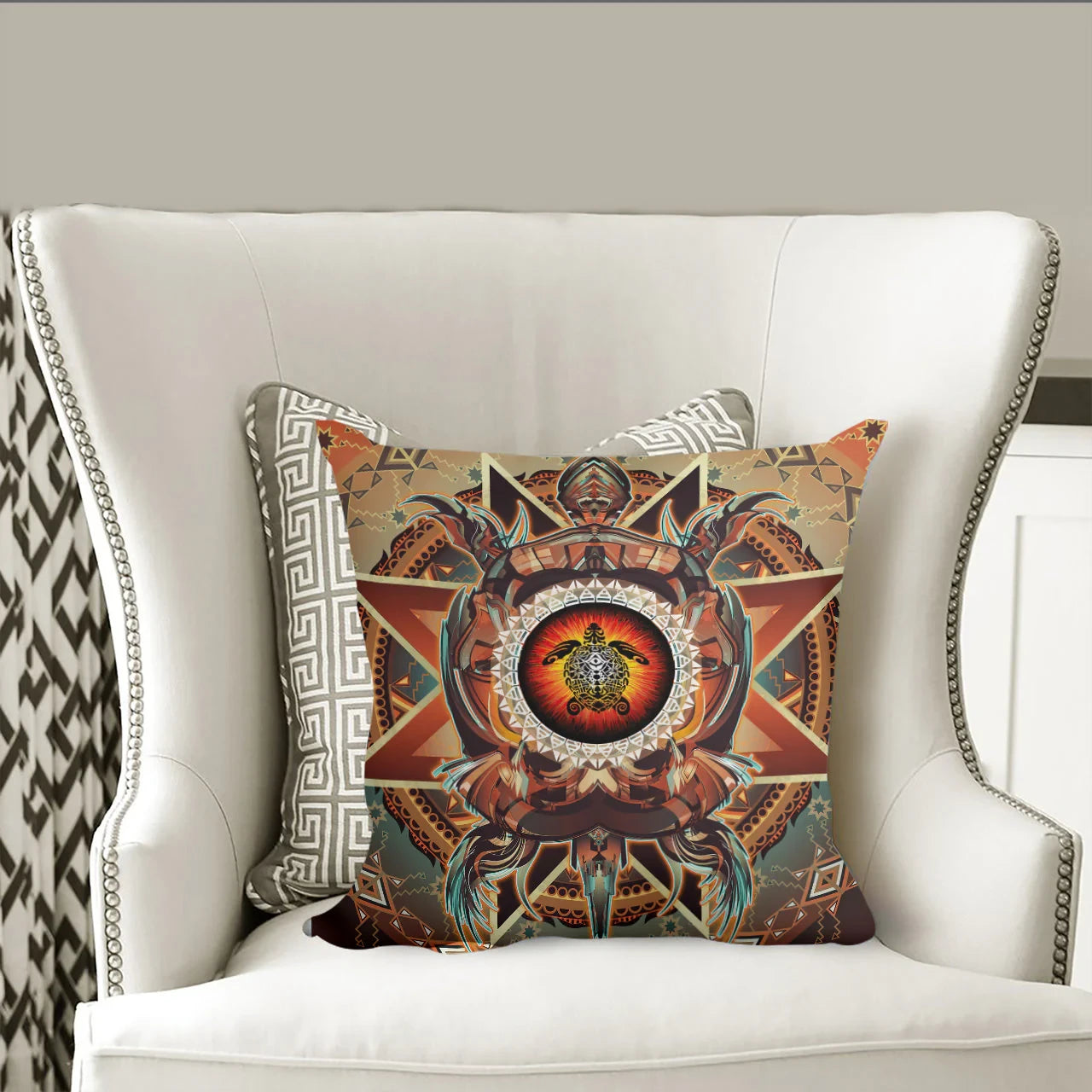 Side angle view of tribal turtle throw pillow showcasing detailed Native American design and colors