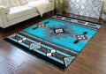 Flat-lay of a turquoise and gray Southwestern Aztec area rug showing its full central geometric medallion and border patterns.