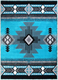 Close-up of the low-pile texture and vibrant turquoise, gray, and black geometric border on the Southwestern rug.