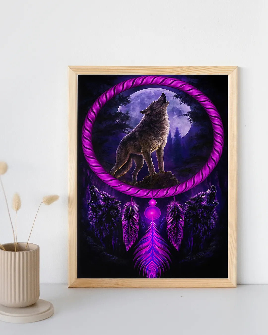 Close‑up of the wolf dreamcatcher canvas print in a natural wood frame, showcasing vivid purples and detailed feather textures.