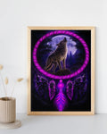 Close‑up of the wolf dreamcatcher canvas print in a natural wood frame, showcasing vivid purples and detailed feather textures.
