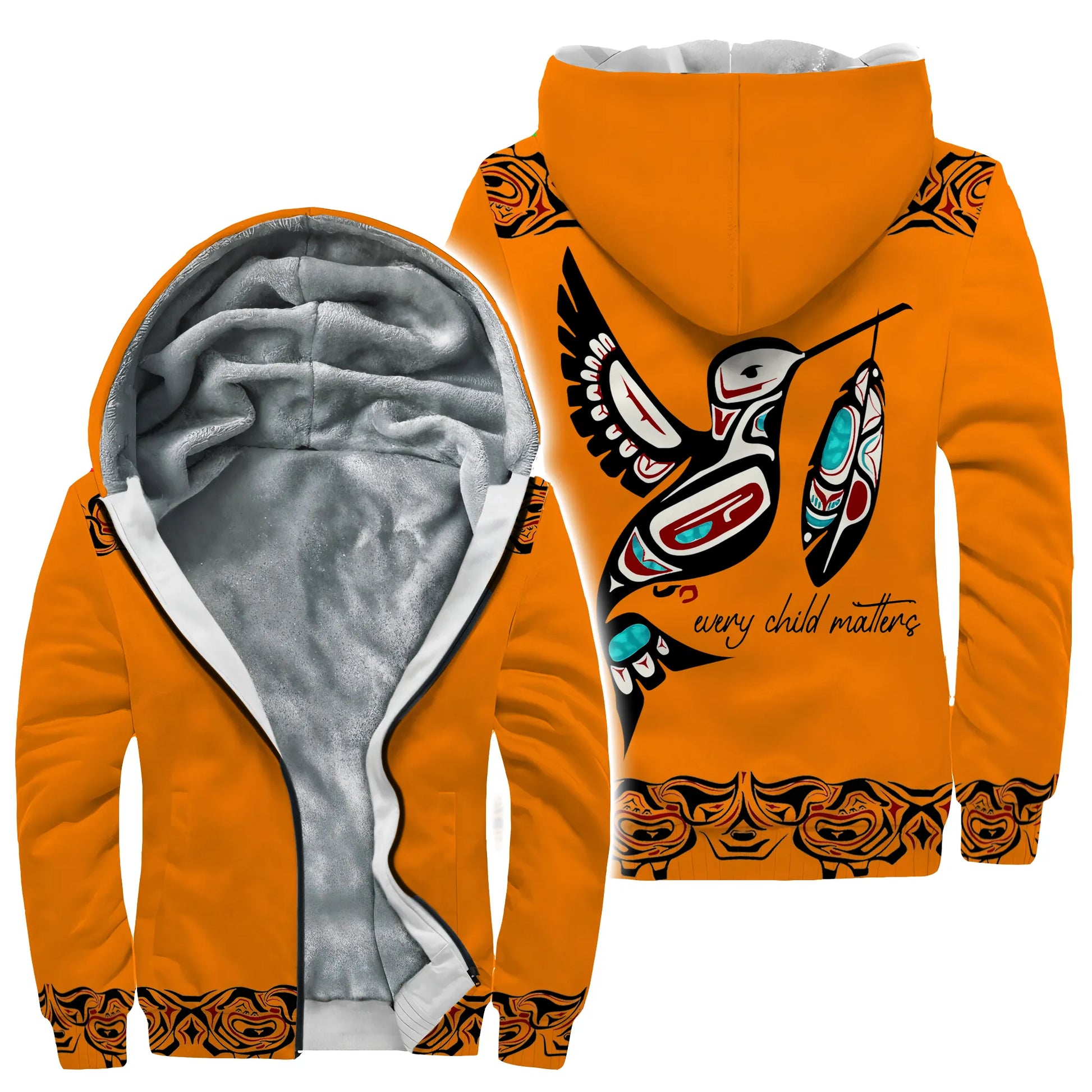 Orange velvet with hummingbird graphic and coastal tribal linework, front and back views